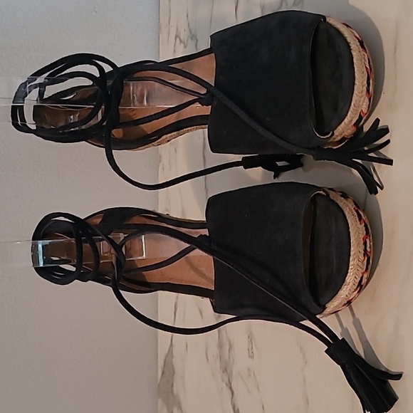 Cabi Isla Leather Suede Navy Blue Wedge Heels Espadrilles Sandals Wmns 7.5 Boho - Picture 6 of 14